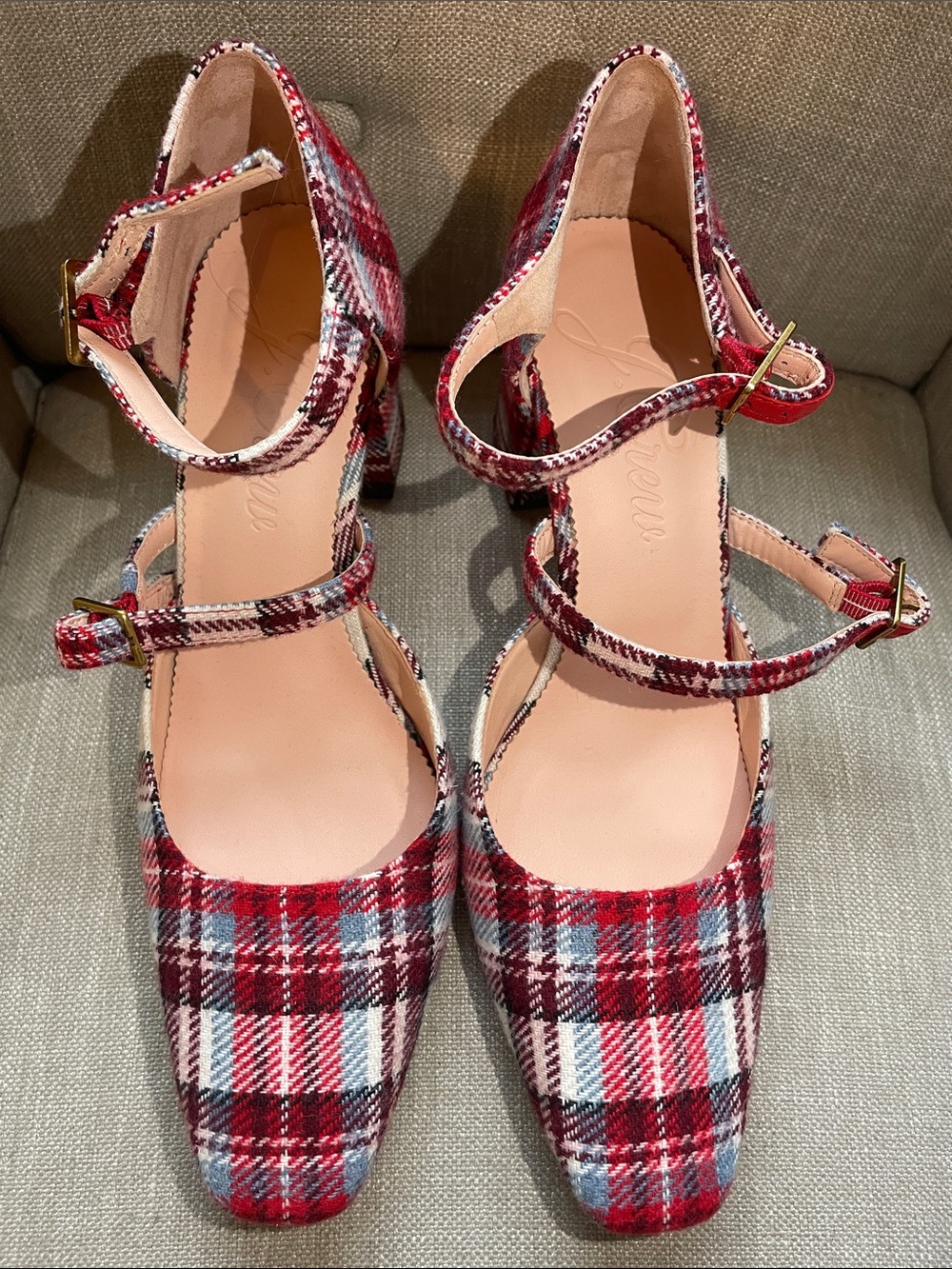 JCrew Plaid Red Multi Ankle-Strap Women’s Block Heels - Picture 5 of 7